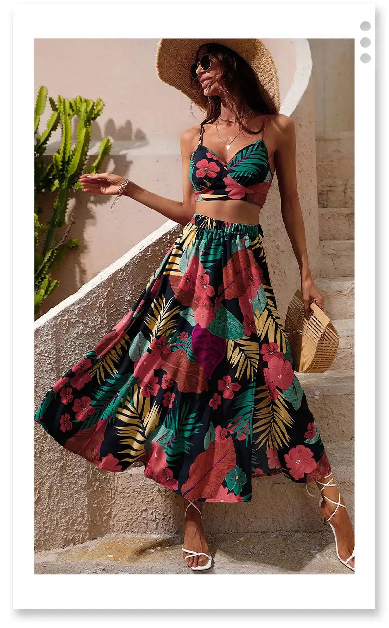 Y2K Bikini Crop Tops Long Dress Sexy Set for Women Summer Fashion Two Pieces Skirt Beach Style Floral Print Midi Sexy Boho Sets - Lootquake