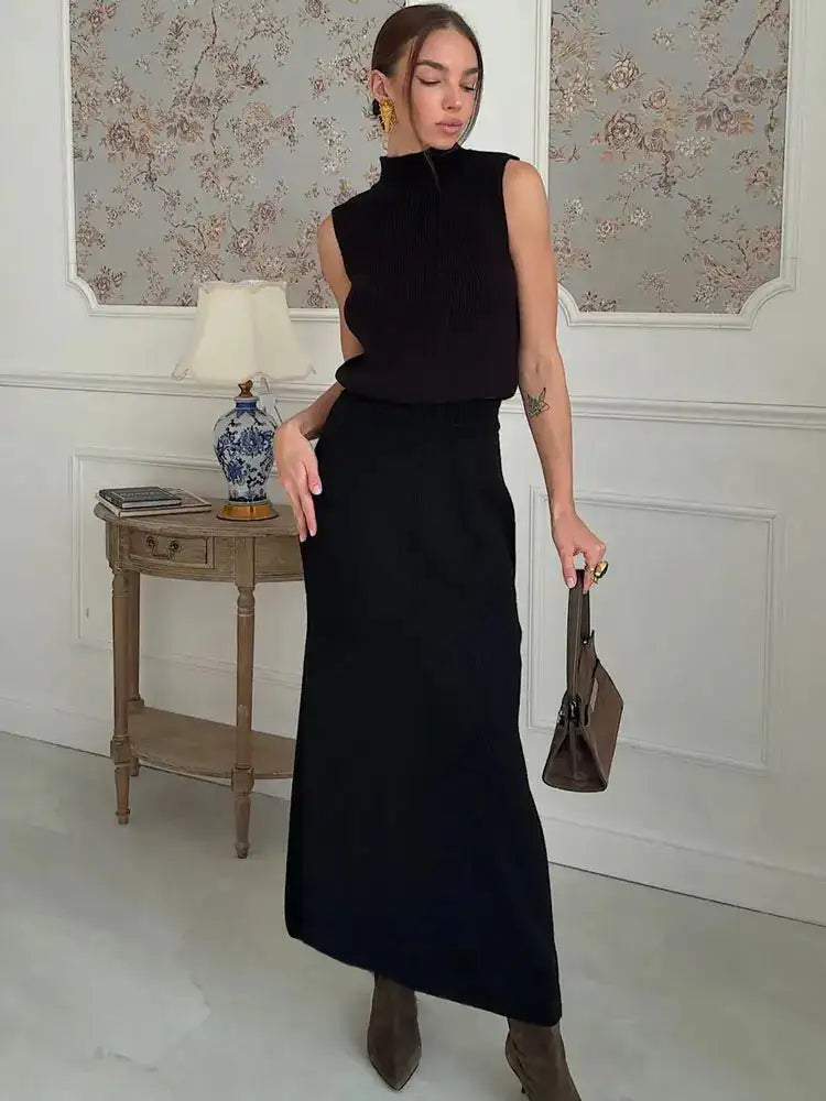 Conjunto elegante de dos piezas de punto Tossy: vestido largo, suéter acanalado y falda larga de patchwork suelta para mujer.