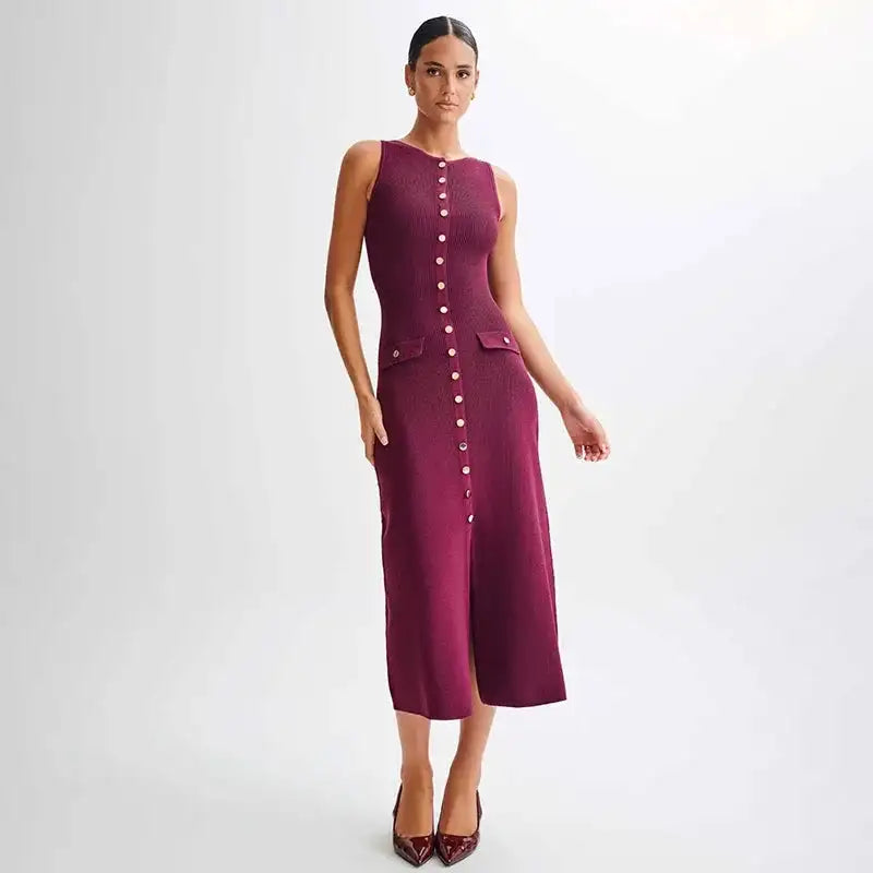 Fashion Knitted Long Dress For Women Elegant Sleeveless Button Maxi Sweater Bodycon Dresses Female Party Fashion Vestidos 2024 N