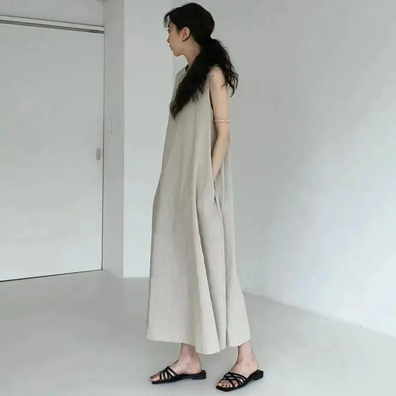 2022 Minimalist Chic Loose Swing Sleeveless Mid-length Casual Cotton Linen Long Dress Round Neck High Waist Women Runway Dress - Lootquake