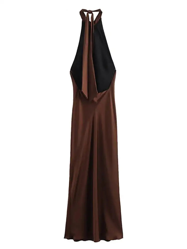 Off Shoulder Satin Halter Long Dress Woman Sexy Hanging Neck Female Pleated Dresses Summer Backless Midi Evening Party 2024 New - Lootquake