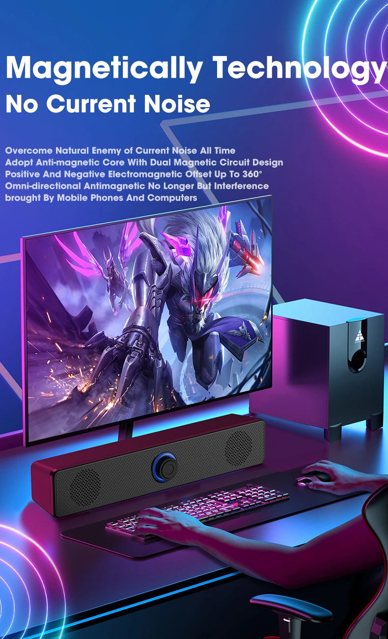 Altavoz Bluetooth Salange con cable USB, puerto de 3,5 mm, barra de sonido para PC, consola de juegos, teléfono inteligente, portátil, tableta, juego de escritorio negro largo