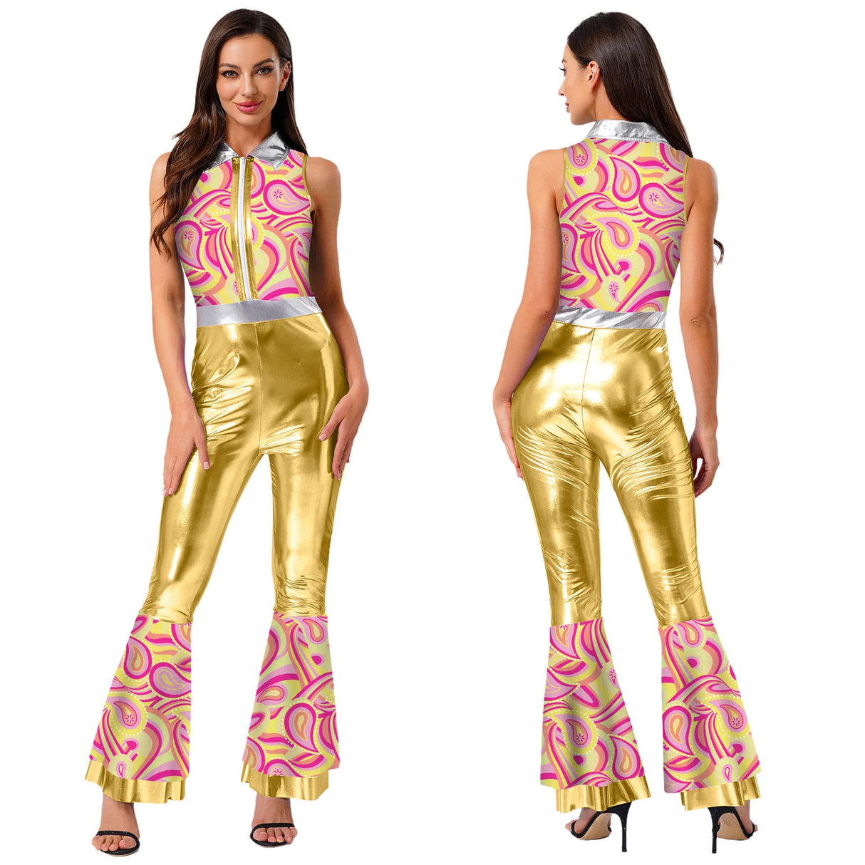 Womens Halloween Retro Hippie Cosplay Costume Party Hip-hop Dance Costume Metallic Shiny Vintage Carnival Bodysuit Jumpsuit