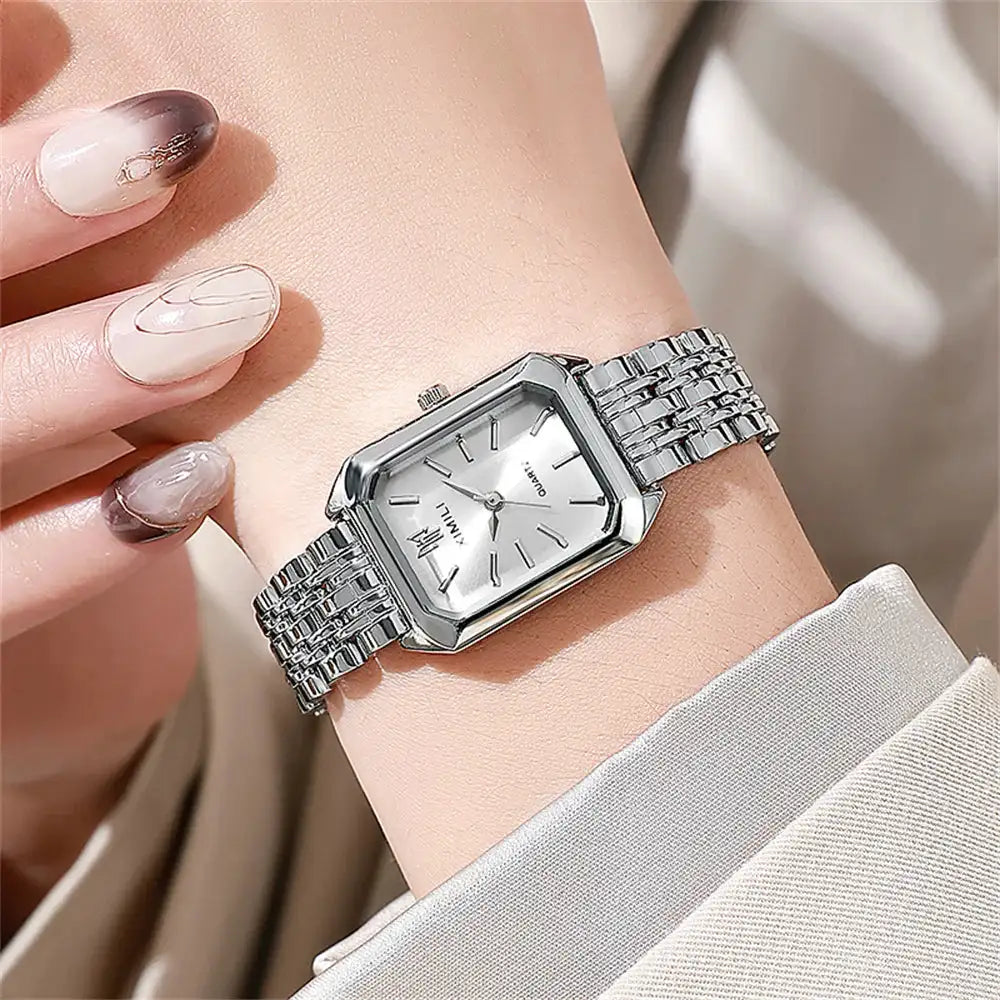 Luxury Ladies Fashion Quartz Watch Simple Scale Square Quality Gold Plated Women Watches Business Stainless Steel Folding Clock - Lootquake