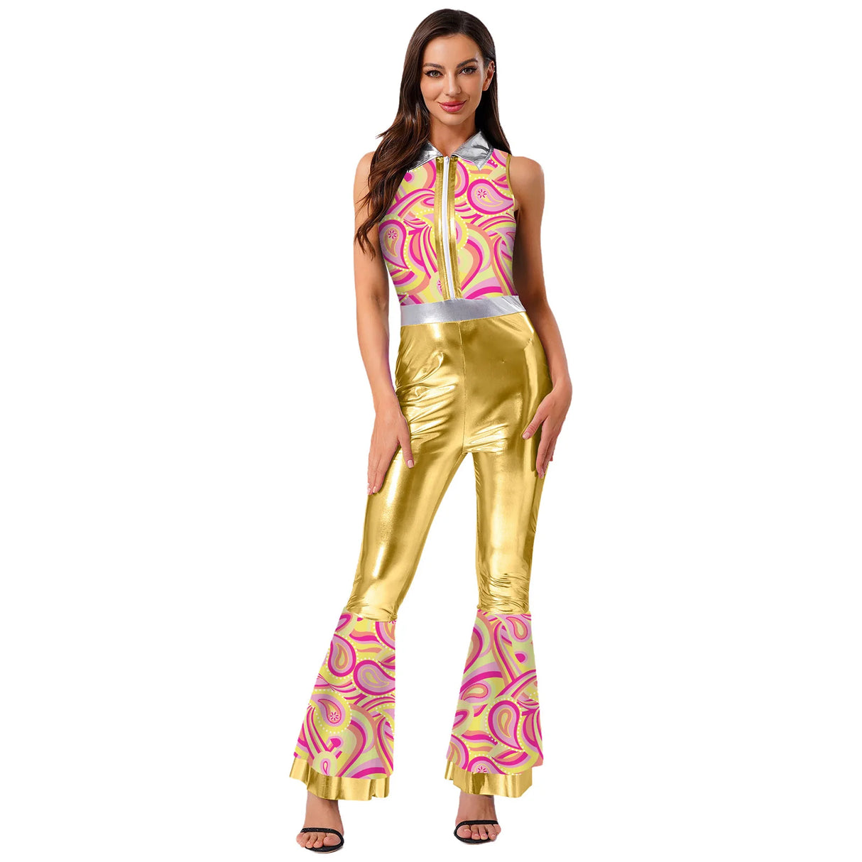 Womens Halloween Retro Hippie Cosplay Costume Party Hip-hop Dance Costume Metallic Shiny Vintage Carnival Bodysuit Jumpsuit