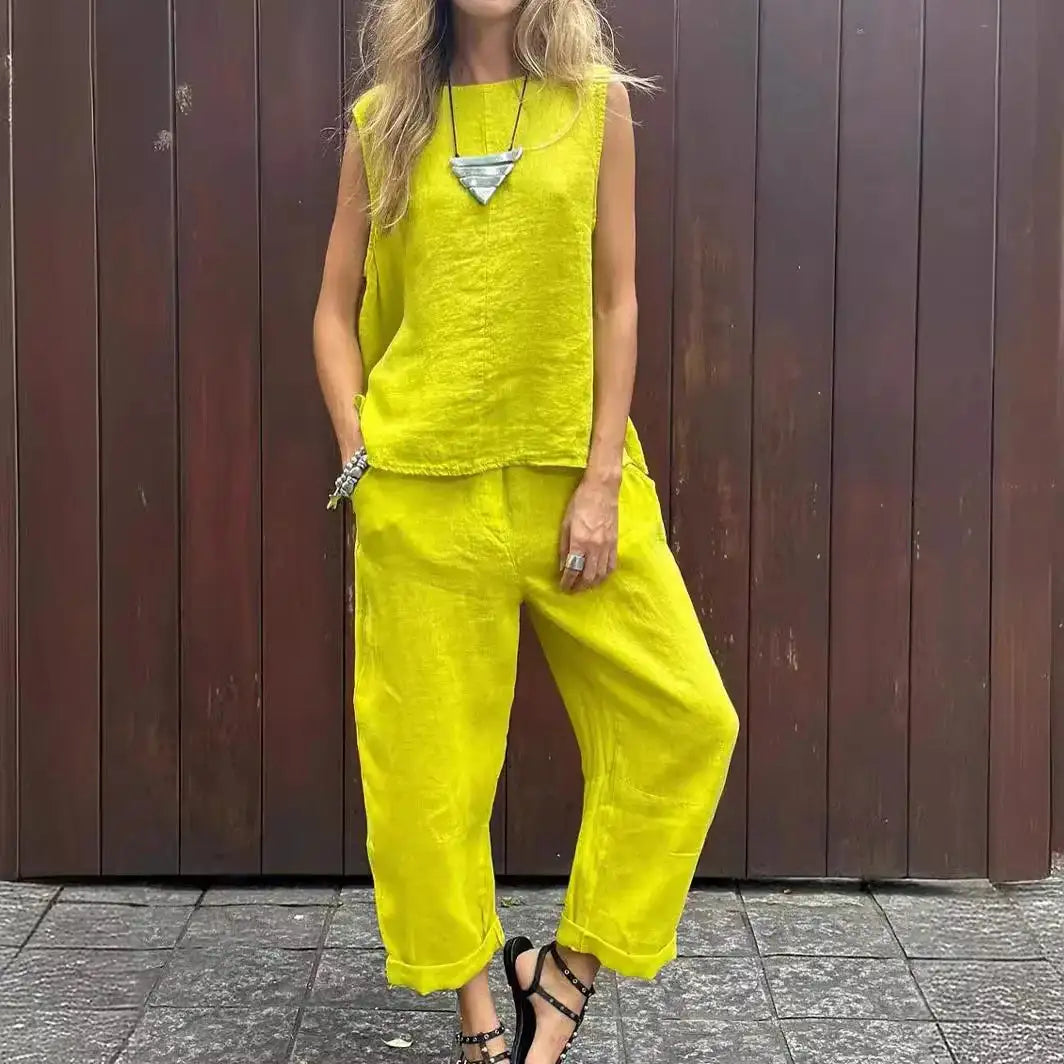 Summer Cotton And Linen Casual Outfits Female Fashion Solid Color Two-piece Set For Women Sleeveless Top Trousers Women's Suit - Lootquake