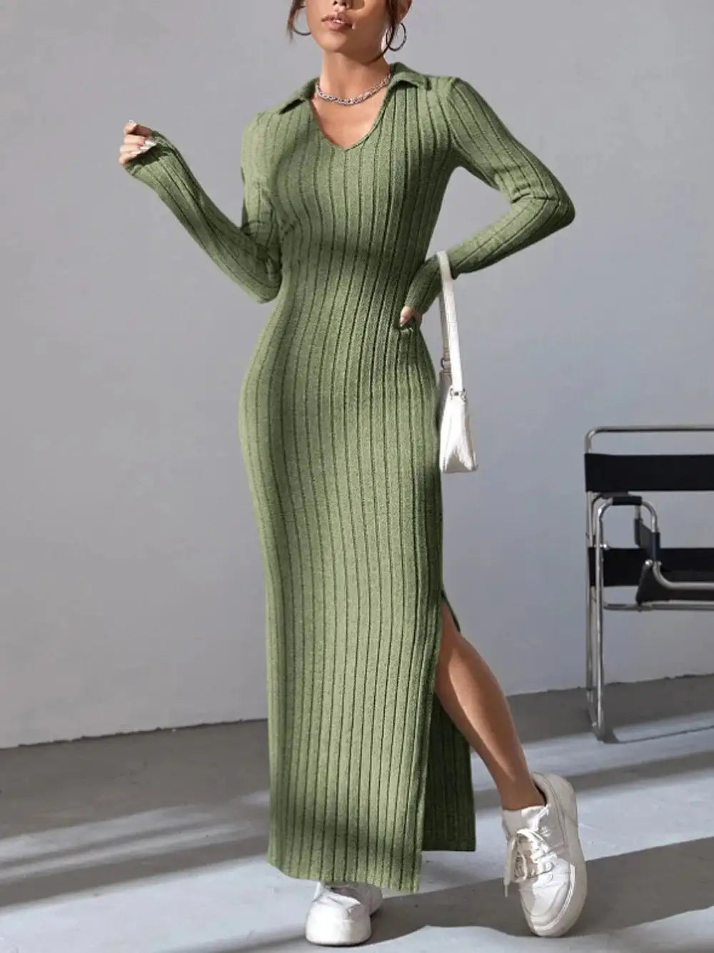 2024 Spring/Summer Knitted Dress Slim Fit Fashion Casual Women's Lapel Long sleeved Dress Concave Stripe Solid Color Long Dress - Lootquake