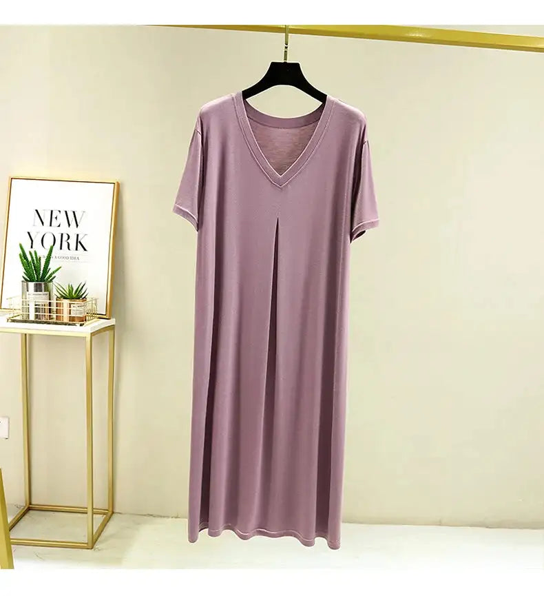 Modal Cotton Short Sleeved Nightdress for Women's Summer Casual Home Sleepwear V-neck Pleated Oversized Loose Hem Mid-Long Dress - Lootquake