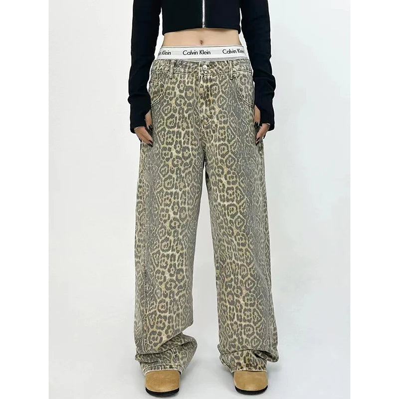 American Retro High Street Casual Overalls Leopard Print Loose Wide Leg Pants For Women Y2k Hip-hop Cargo Grunge Baggy Trousers - Lootquake