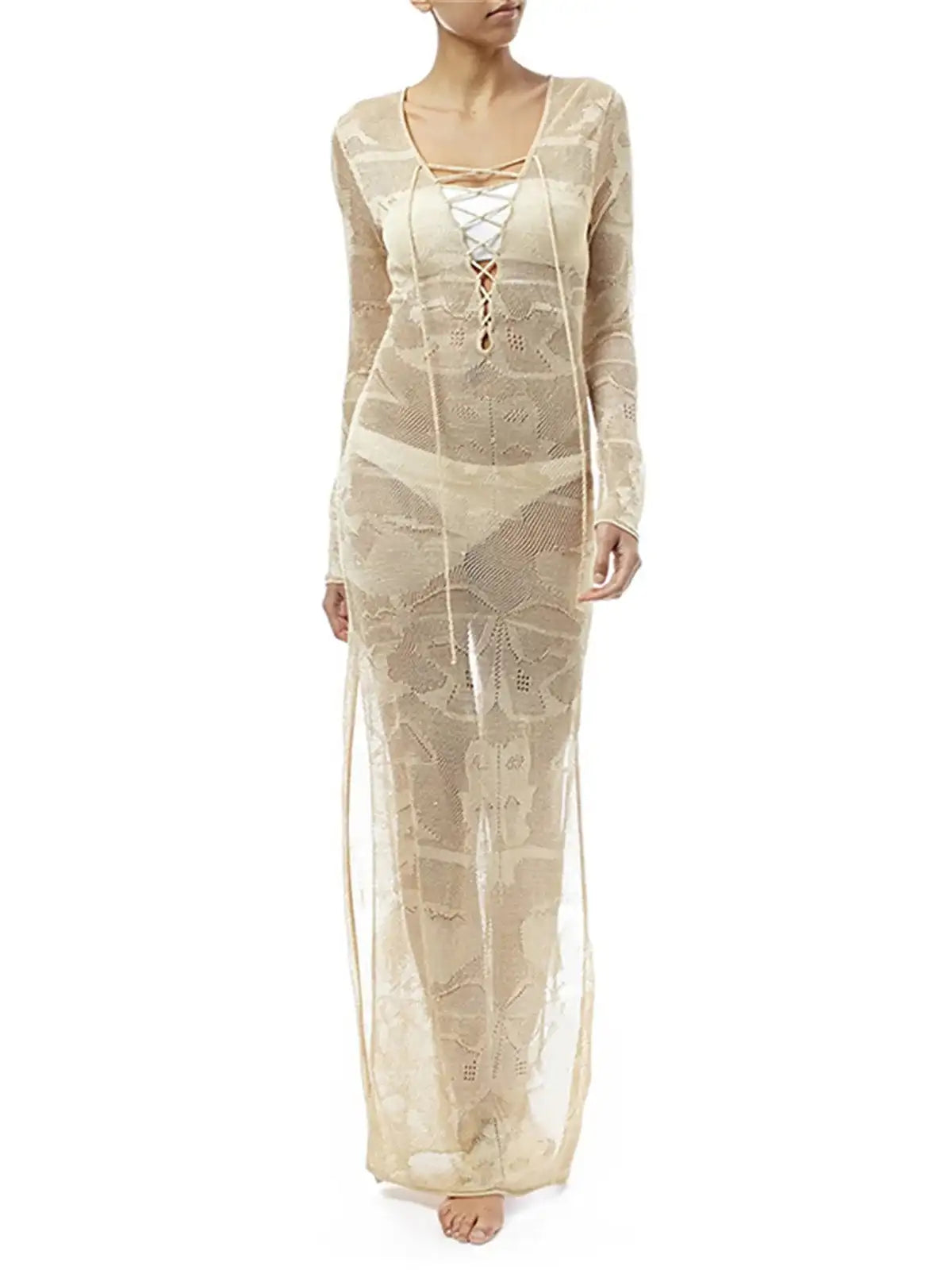 Deep V Dress Lace Up Long Sleeve Women Split Maxi Dress Crochet Knitted Tunic Mesh Sheer Sexy Bodycon Long Dress Vestido V4146B - Lootquake