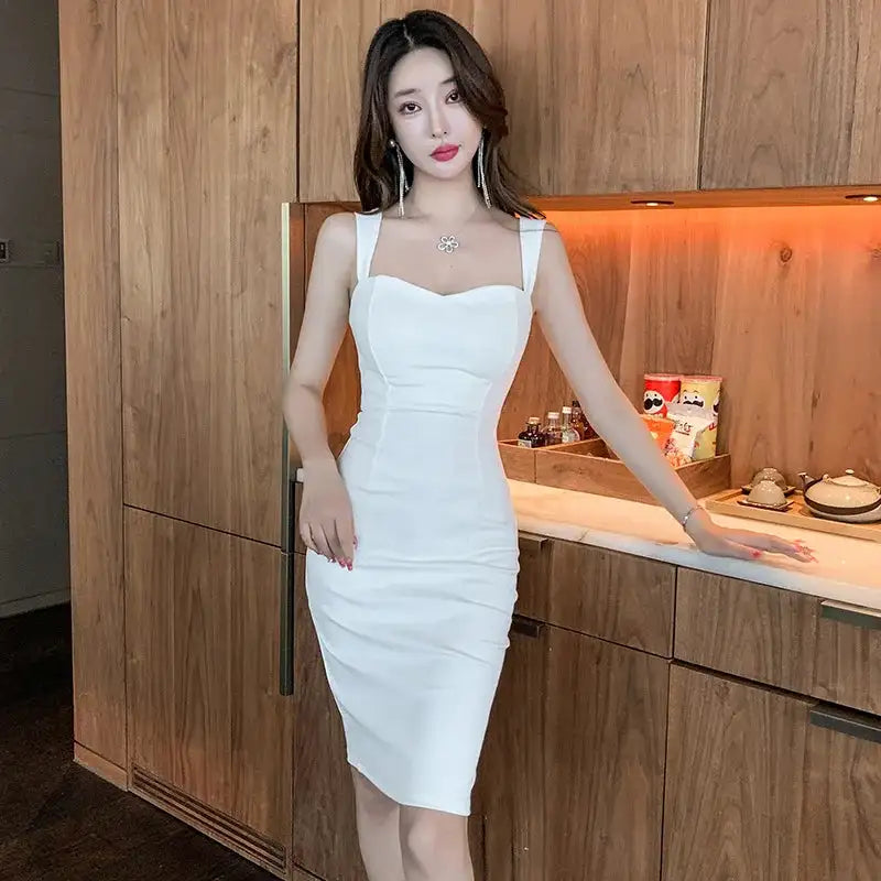 Sweet Fashion Slash Neck Long Dress Sexy Office Lady Straps Slim Medium Dress Elegant Women 2023 New Sweet Spice Girls 4CWT - Lootquake