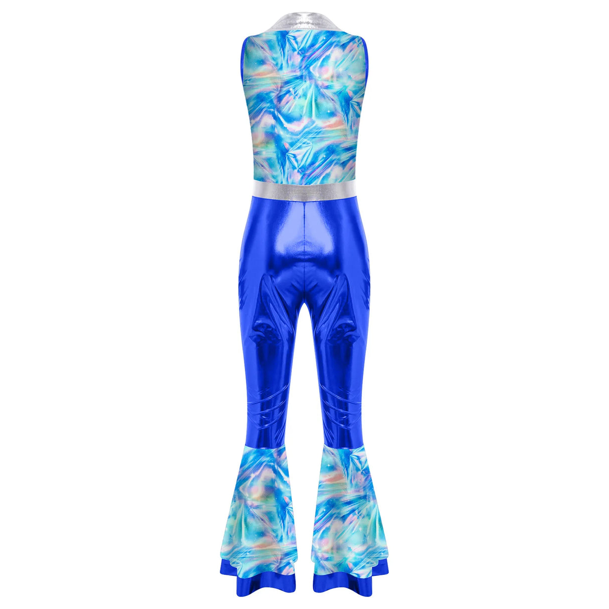 Womens Halloween Retro Hippie Cosplay Costume Party Hip-hop Dance Costume Metallic Shiny Vintage Carnival Bodysuit Jumpsuit