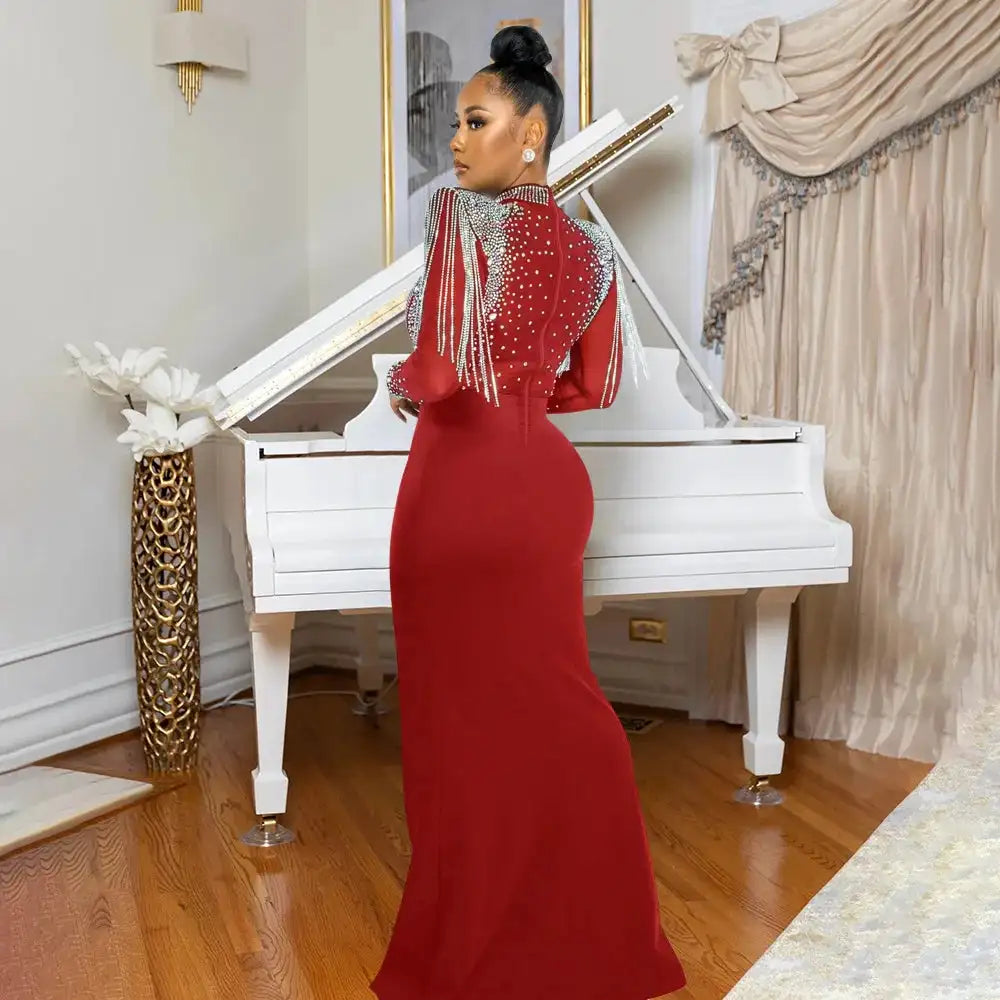 CM.YAYA Women Mesh See Through Long Sleeve Diamonds Hot Rhinestones Mermaid Long Dress Fall Evening Sexy Party Dresses Vestidos - Lootquake