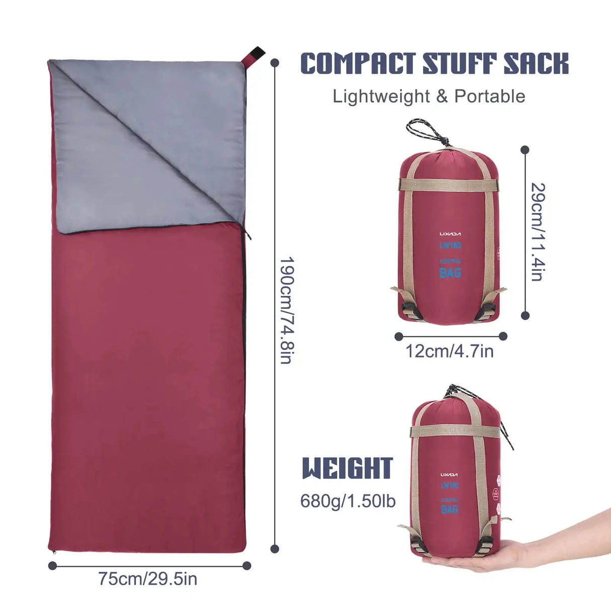 Saco de dormir portátil para exteriores Lixada de 190 x 75 cm, para acampar, viajar, senderismo, multifunción, ultraligero, 680 g, para mochileros.
