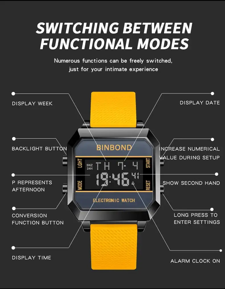 Men's Watch Business Sports Multifunctional Alarm Clock Waterproof Silicone Strap Male Student Fashion Electronic Wristwatches - Lootquake