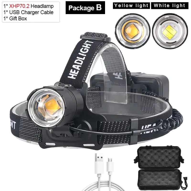 Linterna frontal LED XHP70.2 con 3 pilas 18650, linterna frontal LED amarilla o blanca más potente, ideal para pesca, camping y zoom.