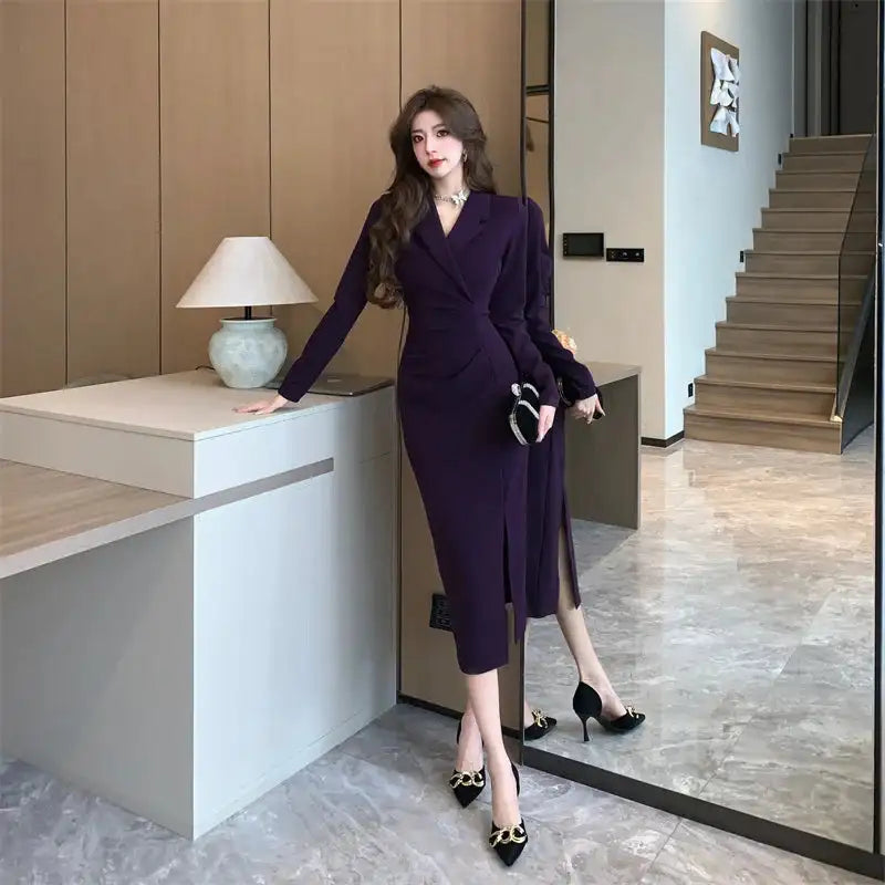 Women Pink Pleated Bodycon Formal Long Dress Autumn Winter Long Sleeve Chic Suit Dress 2025 Korean Fashion Elegant Party Dresses