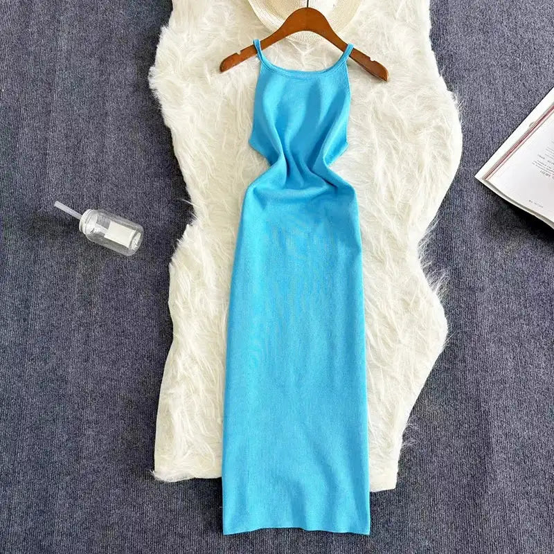 2024 Sexy Summer Knit Strap Dress Women Halter Elatic Waist Bodycon Sundress Female Beach Solid Maxi Long Dress - Lootquake