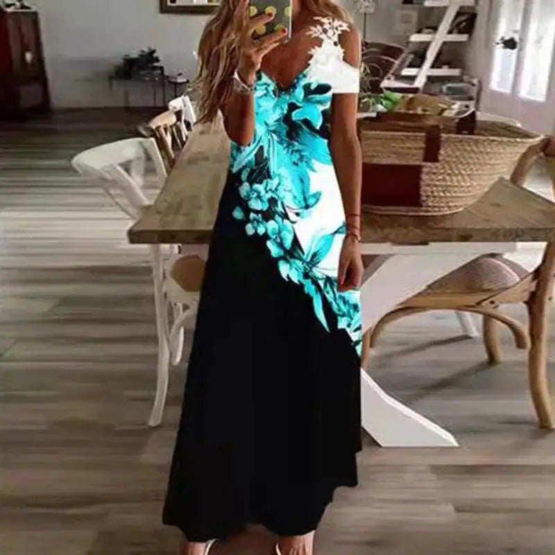 Women's Printed White Lace Sleeveless Suspender Dress Summer Fashion Casual Long Dress - Lootquake