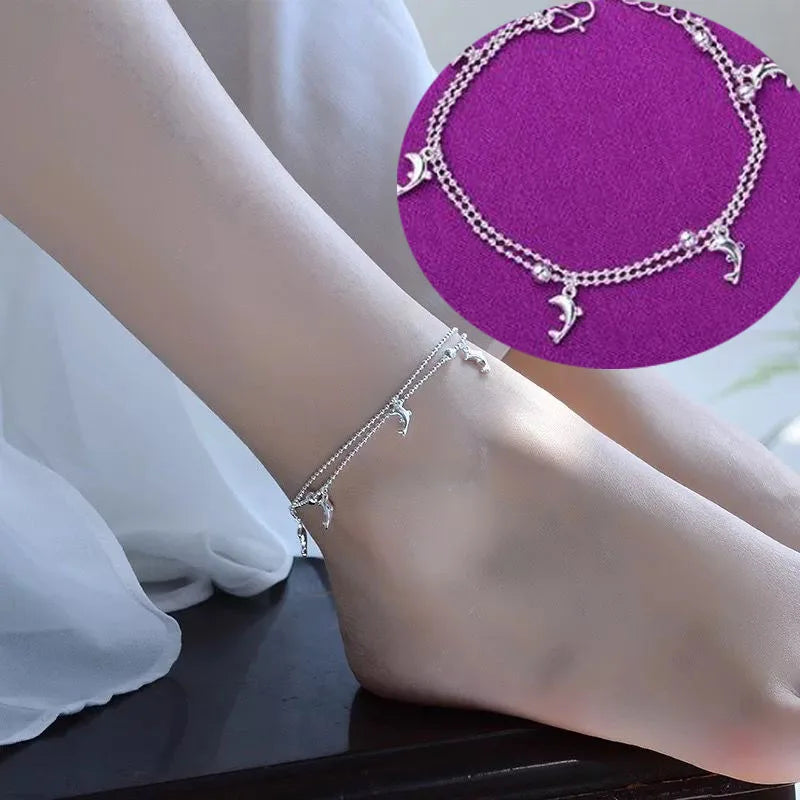 Silver color Stars Anklet Double Layer plated Charms Ankle Bracelet Jewellery Anklets For Women Foot Jewelry Love 2023 new hot - Lootquake