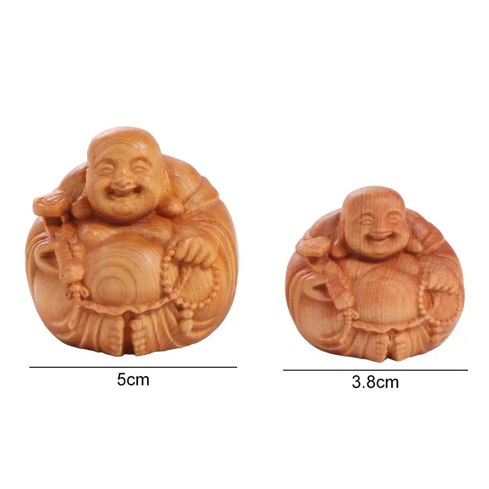 Home Decor Woodcarving Laughing Buddha Maitreya Sculpture Miniature Wooden Buddha Statue Craft Mini Handmade Statue Table Top