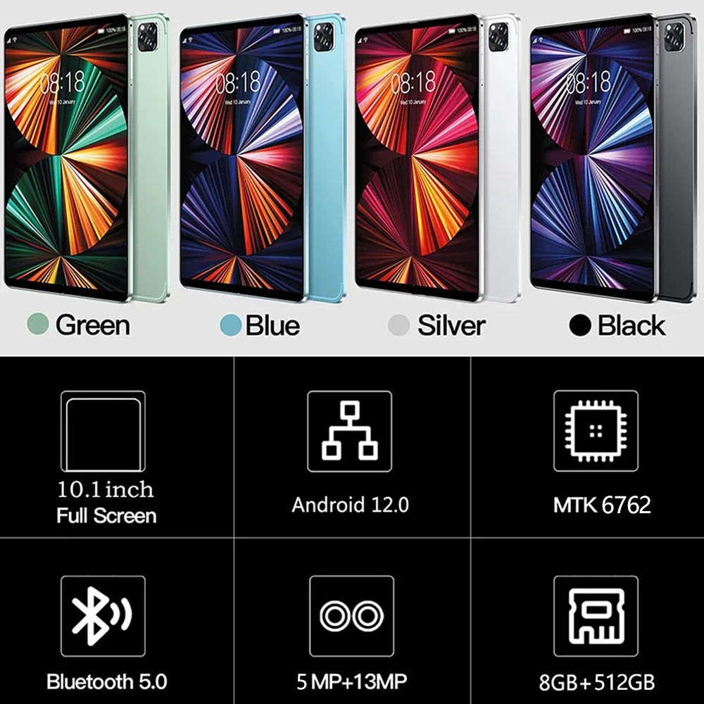 New 5G Pad 10.1 Inch Android Tablets Octa Core 8GB RAM 512GB ROM 4G LTE 5G WiFi Tablet Pc Double SIM Card HD Display 8000mAh