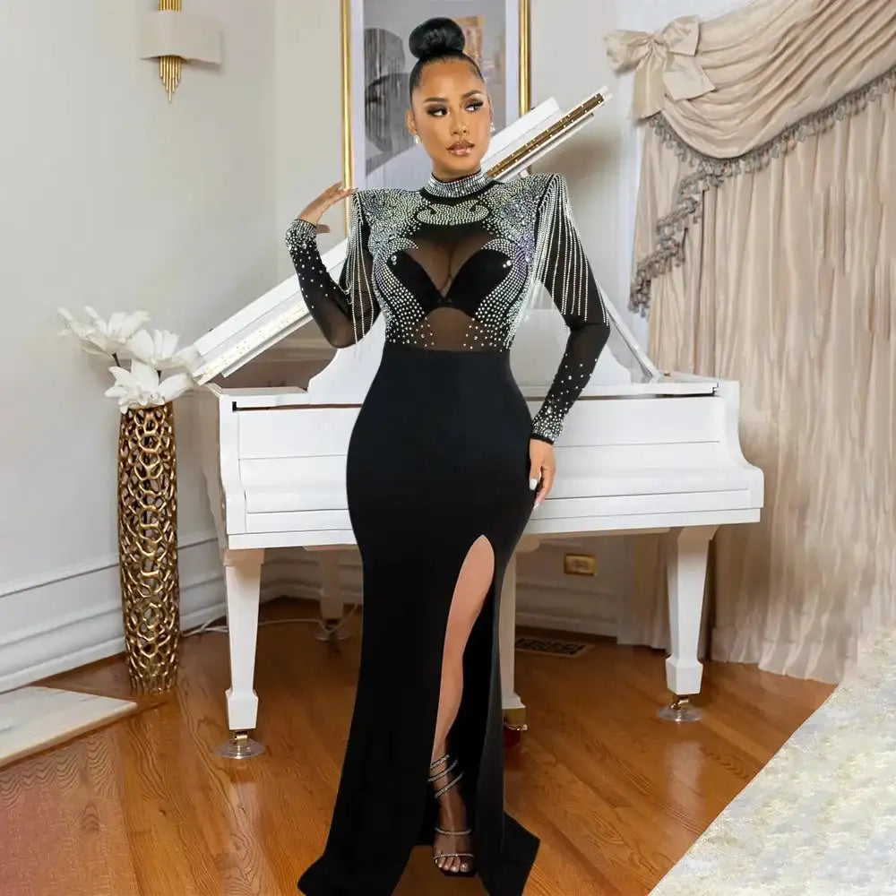 CM.YAYA Women Mesh See Through Long Sleeve Diamonds Hot Rhinestones Mermaid Long Dress Fall Evening Sexy Party Dresses Vestidos