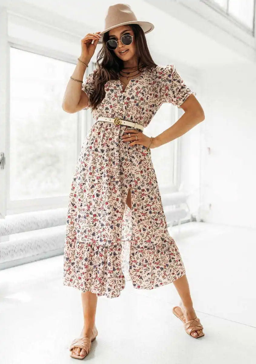 Summer Floral Print Dress Women V Neck Side Slit Long Dress Elegant Short Sleeve Button Slim Spring Female Party Dress Vestidos