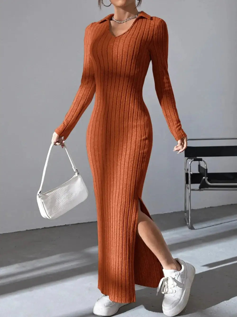 2024 Spring/Summer Knitted Dress Slim Fit Fashion Casual Women's Lapel Long sleeved Dress Concave Stripe Solid Color Long Dress - Lootquake