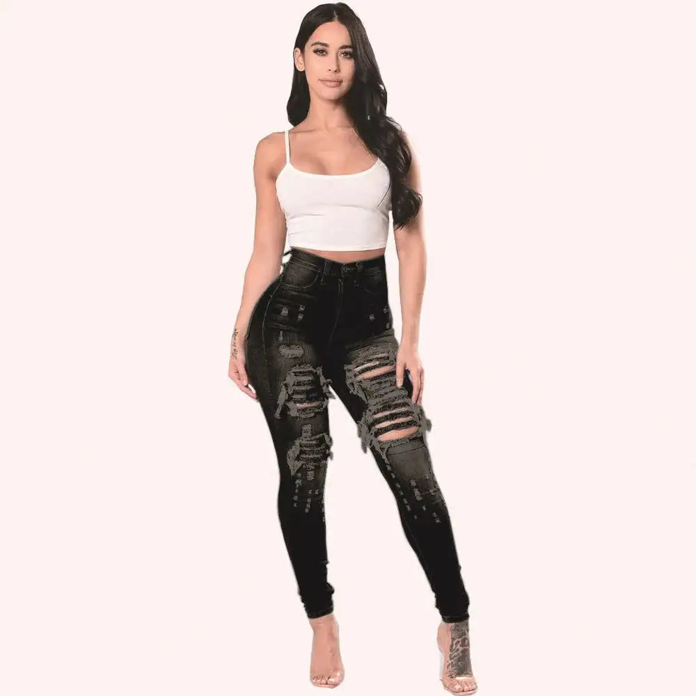 2023 Autumn High Waist Ripped Jeans For Women Fashion Stretch Skinny Denim Pencil Pants Casual Slim Trousers S-3XL - Lootquake