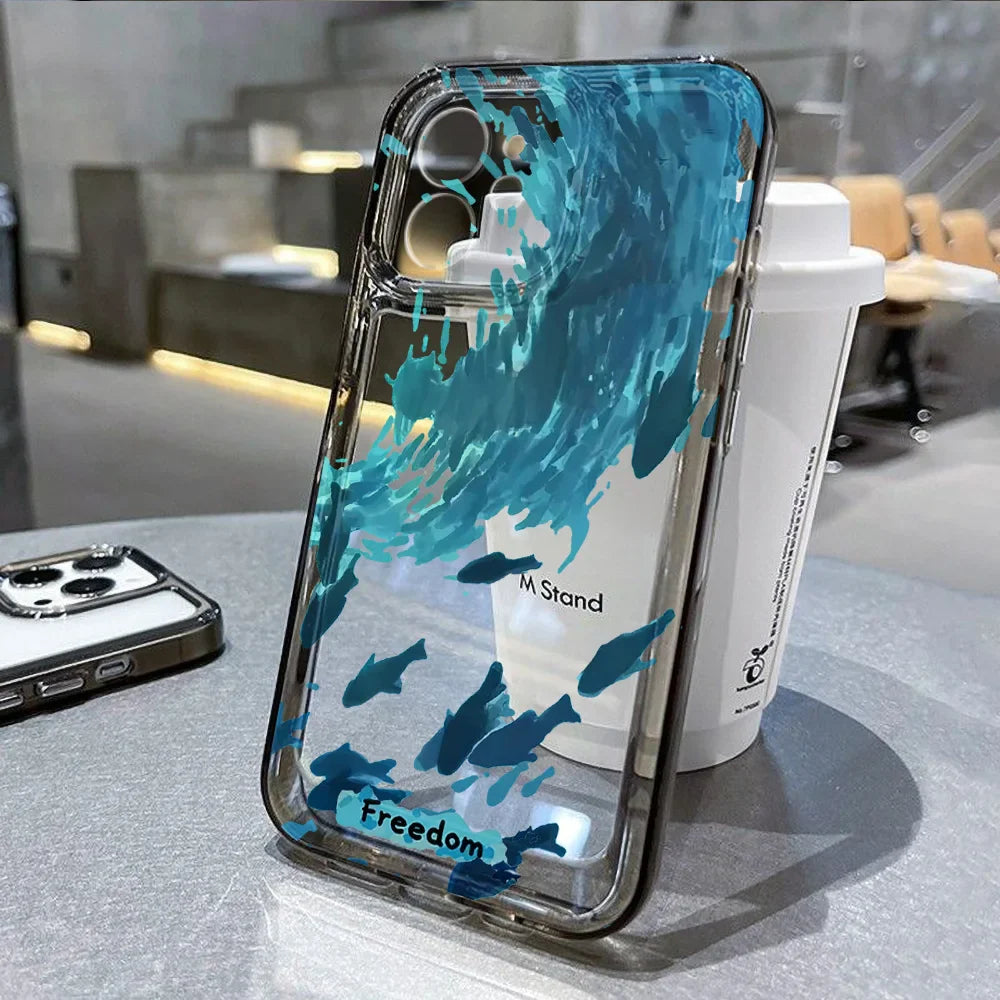 Funda transparente para teléfono con diseño de animales del océano, tiburón, delfín y pez