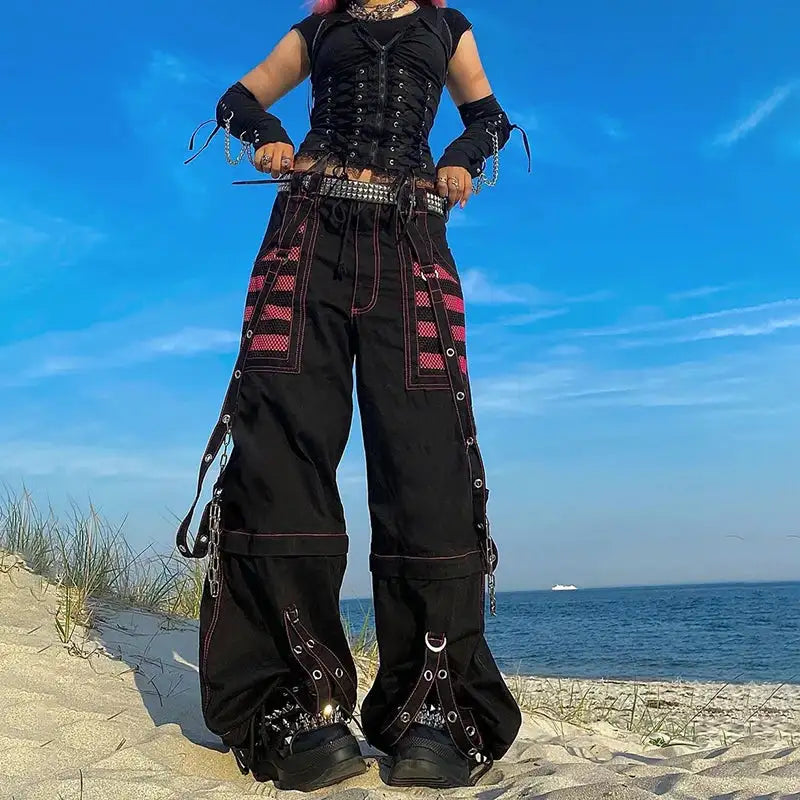 Gothic Women Punk Cargo Pants Wide Straight Leg Pants Grunge Hippie Baggy Trousers Y2k Academic Dark Clothes Streetwear - Lootquake