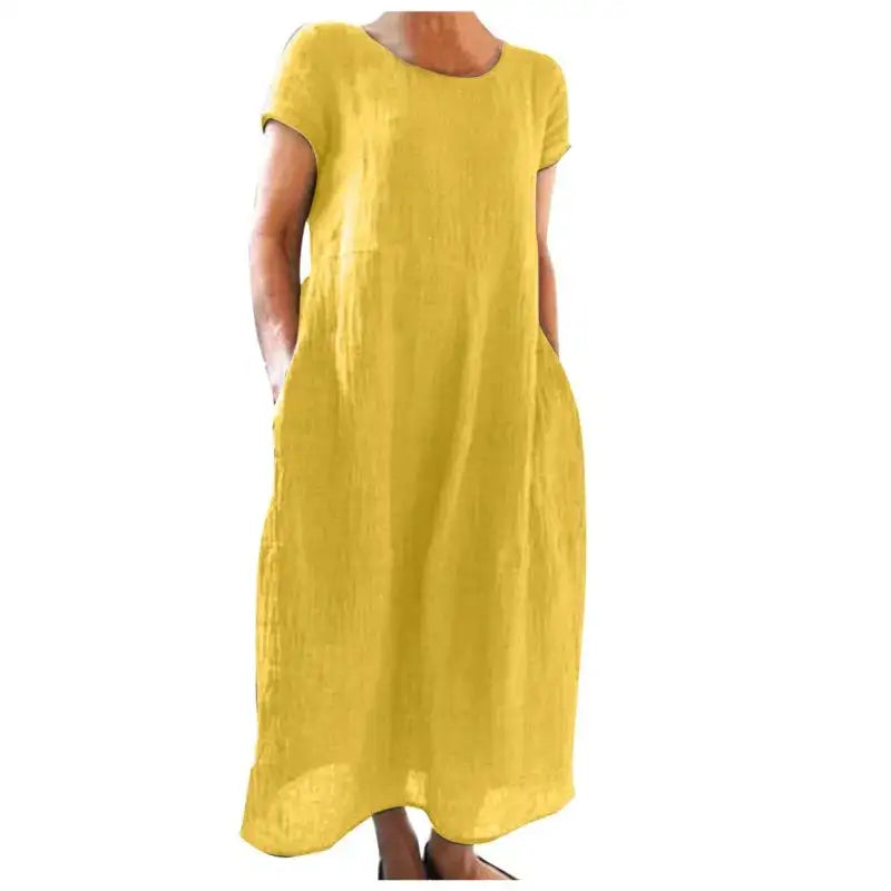 Spring Summer Woman Long Dress Office Lady Fshion Casual Loose Solid O-neck Short Sleeve Dresses For Women 2024 Female Robe - Lootquake