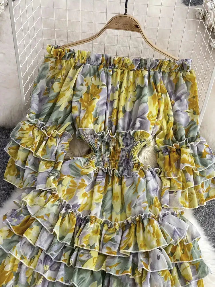 Summer New Off Shoulder Wrap Waist to Show Thin A-line Fragmented Cake Dress Women's Beach Vacation Chiffon Long Dress GD820 - Lootquake