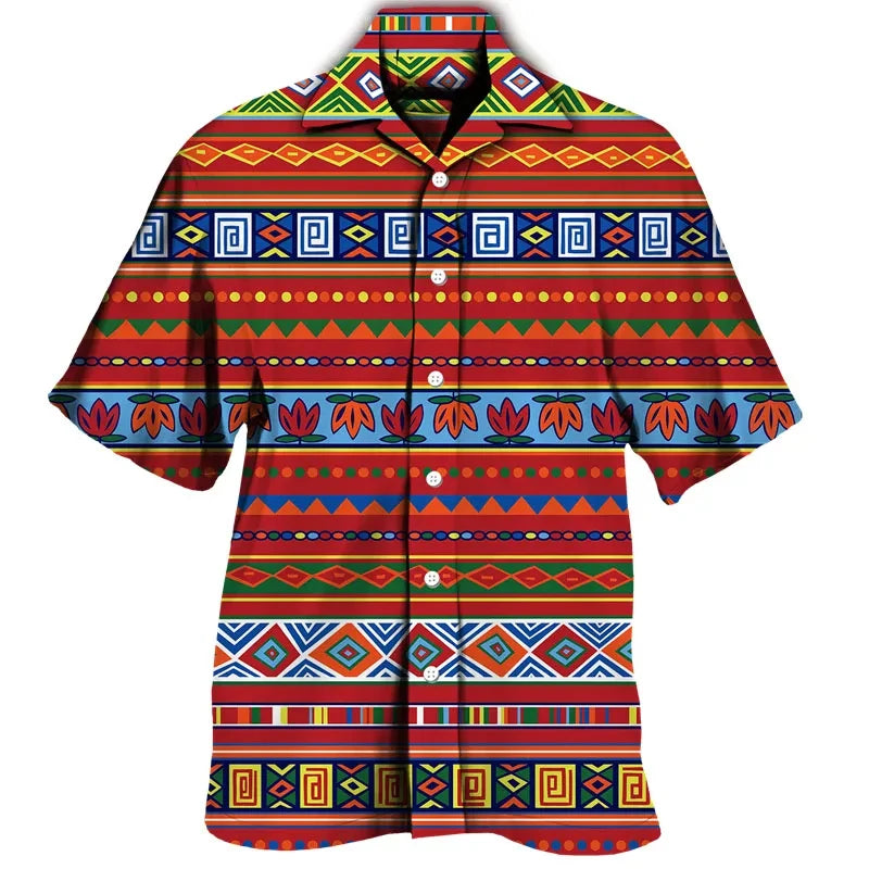 Colourful Bohemia African Graphic Shirts For Men Clothing Fashion Mens Short Sleeve Casual Y2k Lapel Blouse Summer Beach Tops - Lootquake