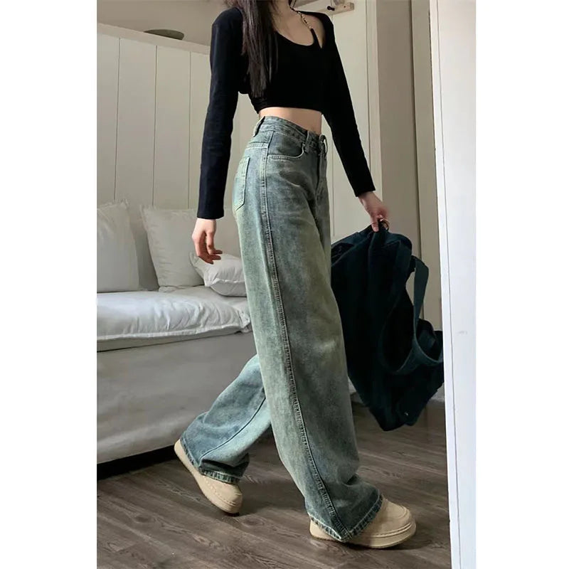 Vintage 90S Baggy Straight Denim Trousers Female Y2K High Waist Loose Wide Leg Jeans Women Streetwear All-Match Casual Pants New - Lootquake