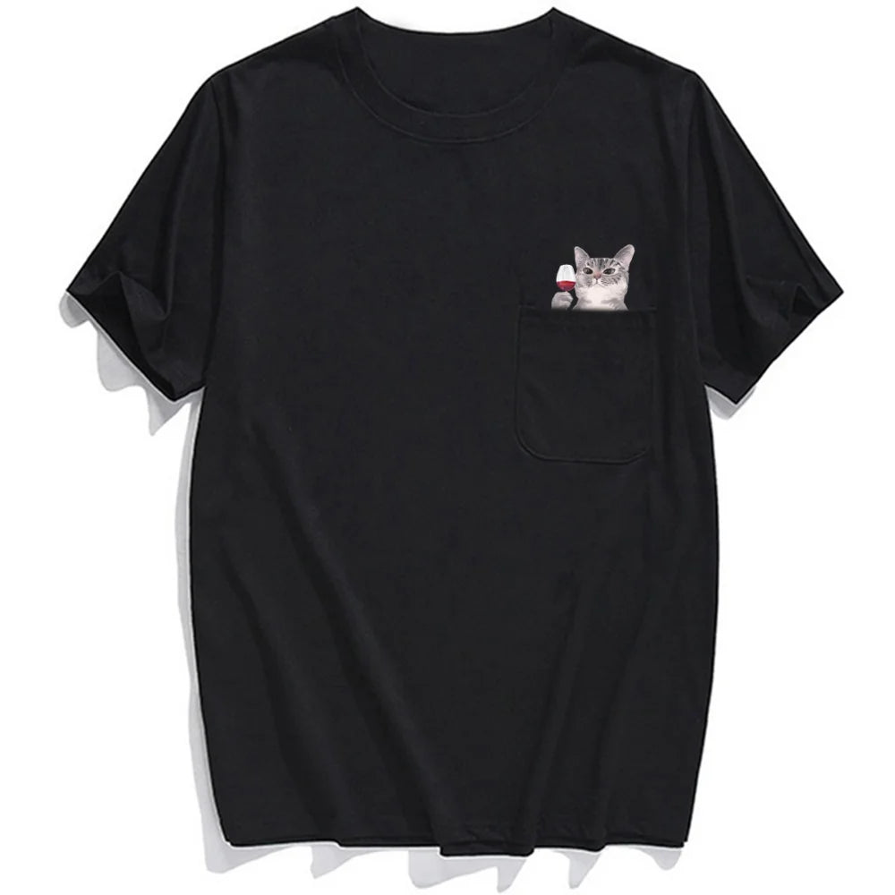 CLOOCL Animal T-Shirt Fashion Brand Summer Pocket Cat Stickers Printed T-shirt Men's Women Shirts Hip Hop Tops Funny Cotton Tees - Lootquake