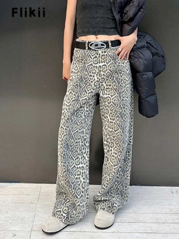 American Retro Leopard High Waist Baggy Jeans Women's Casual Pockets Hip-hop Pants 2024 Spring Y2K Oversiz Panther Denim Trouser - Lootquake