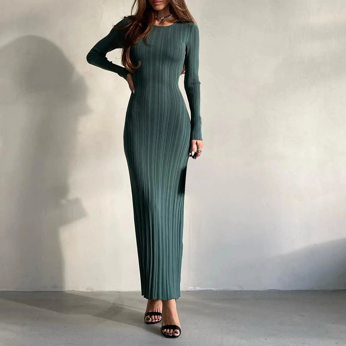 Autumn Winter Solid Color Bodycon Knit Dress Women Long Sleeve Crew Neck Ribbed Dress Slim Fit Long Dress - Lootquake