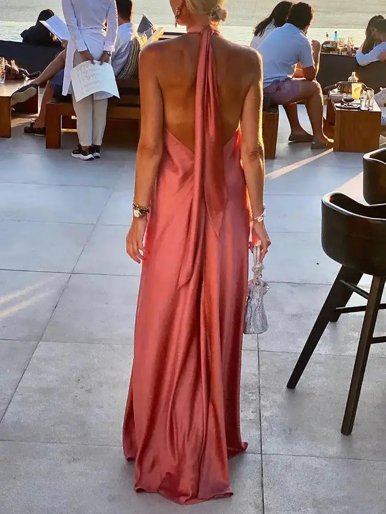 Elegant Women Solid Maxi Beach Dress Sexy Halter Neck Backless Lady Party Dress 2025 Summer Sleeveless Loose Long Dress Vestidos - Lootquake