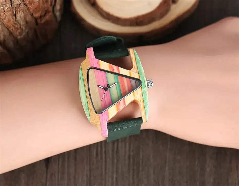 Unique Triangle Women's Wood Watch Creative Colorful Lady Green/ Red Genuine Leather Wristwatch Elegant Womens Watches Top Gifts - Lootquake