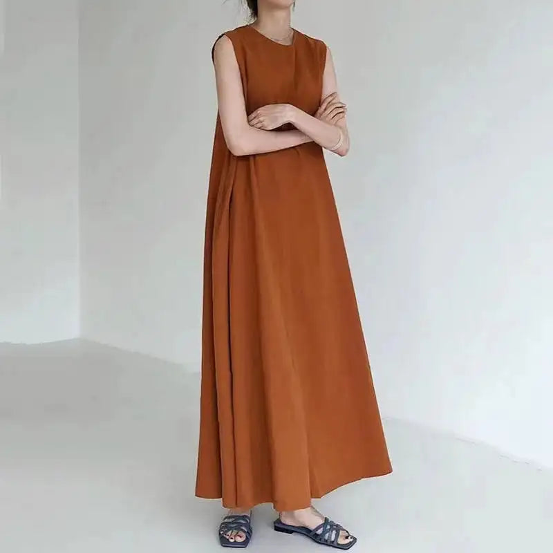2022 Minimalist Chic Loose Swing Sleeveless Mid-length Casual Cotton Linen Long Dress Round Neck High Waist Women Runway Dress - Lootquake
