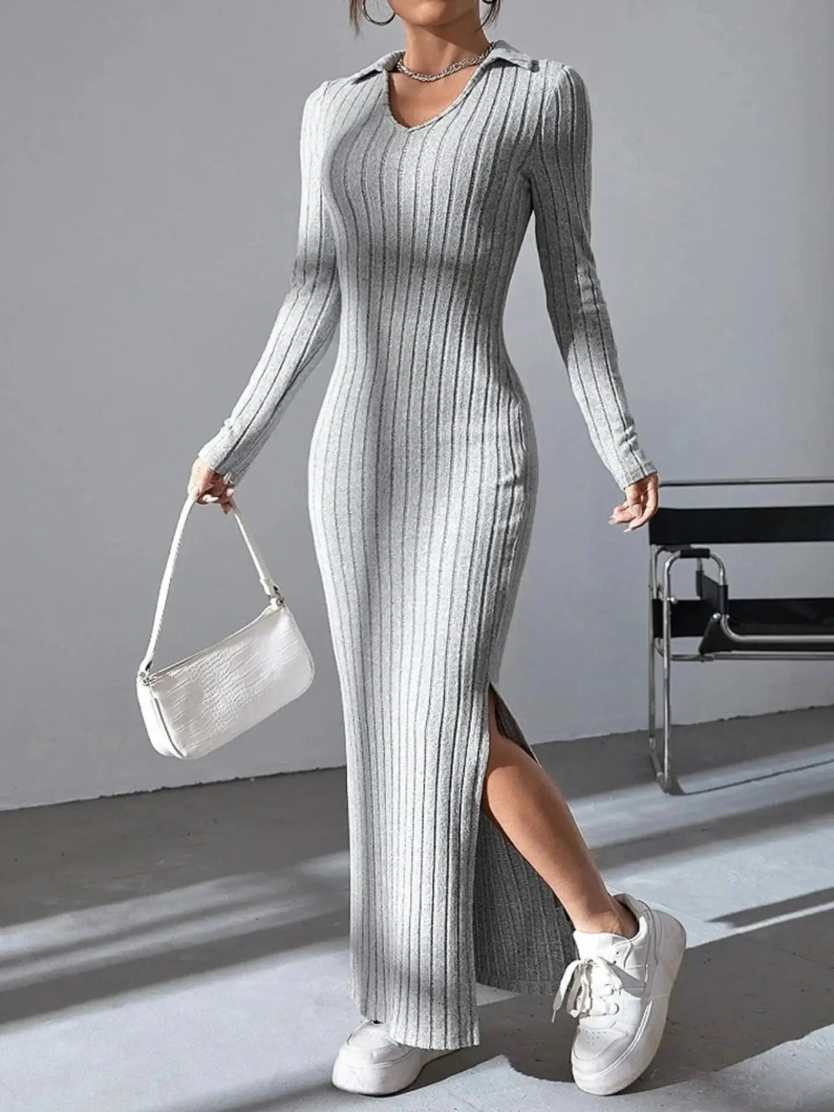 2024 Spring/Summer Knitted Dress Slim Fit Fashion Casual Women's Lapel Long sleeved Dress Concave Stripe Solid Color Long Dress - Lootquake