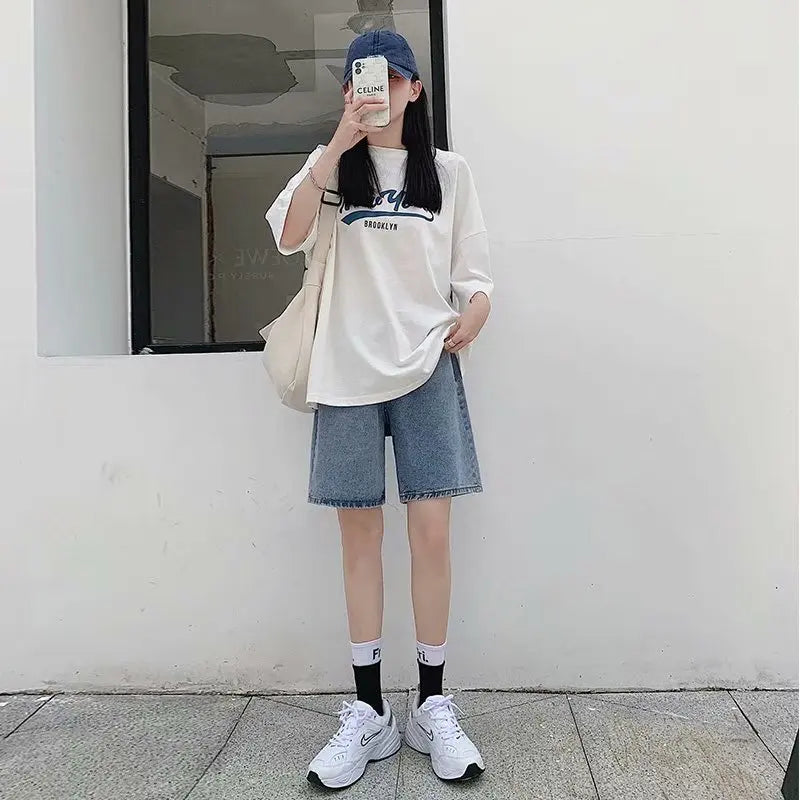 Feynzz Fashion Summer Half Women Denim Shorts High Waist Belted Loose Female Short Jeans Streetwear - Lootquake