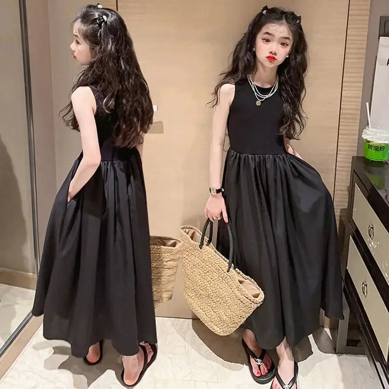 Girls Dresses 2024 New Fashionable Girls' Summer High End Black Solid Long Dress for Children's Summer Sleeveless Vest Dress - Lootquake