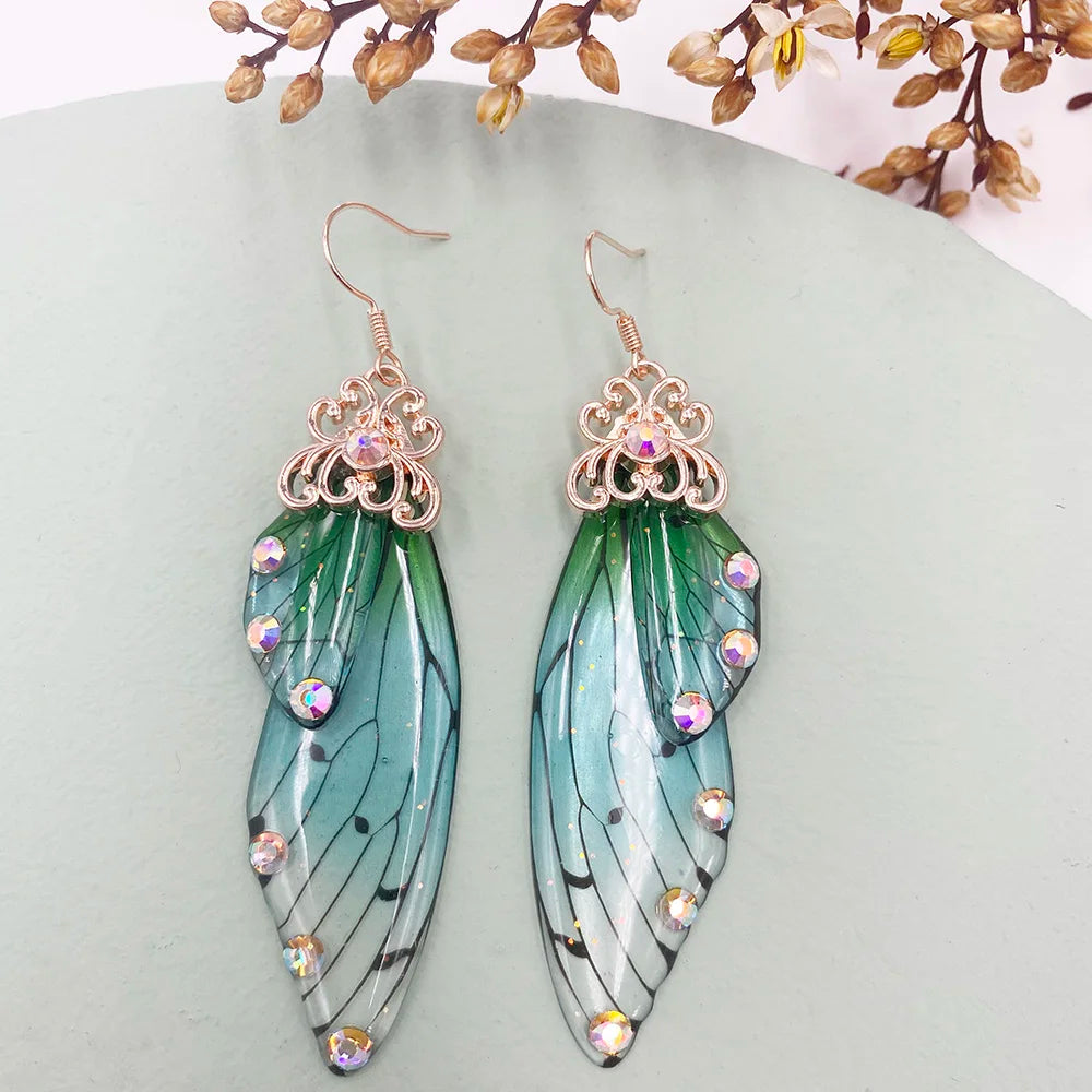 New Handmade Fairy Simulation Wing Earrings Insect Butterfly Wing Drop Earrings Foil Rhinestone Earrings Romantic Bridal Jewelry - Lootquake