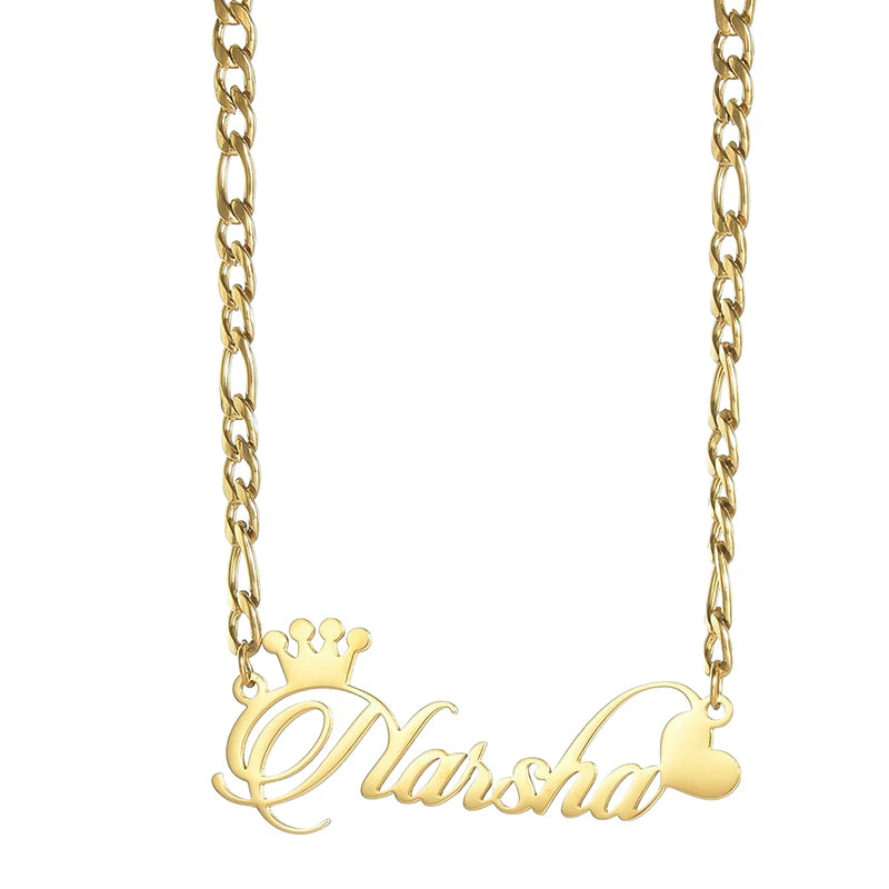 Goxijite Custom Name Collar Customized Crown Heart Nameplate Charm Necklaces Figaro Chain Stainless Steel Women Jewelry Gift - Lootquake