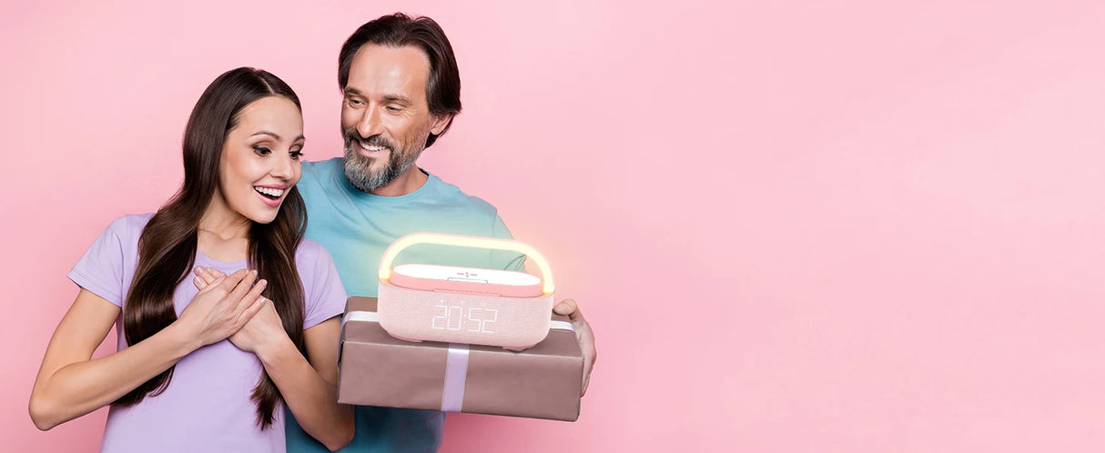 Enceinte Bluetooth 2500 mAh avec chargeur sans fil, radio FM et lumière réglable – Double enceinte portable pour chambre, bureau et cadeaux