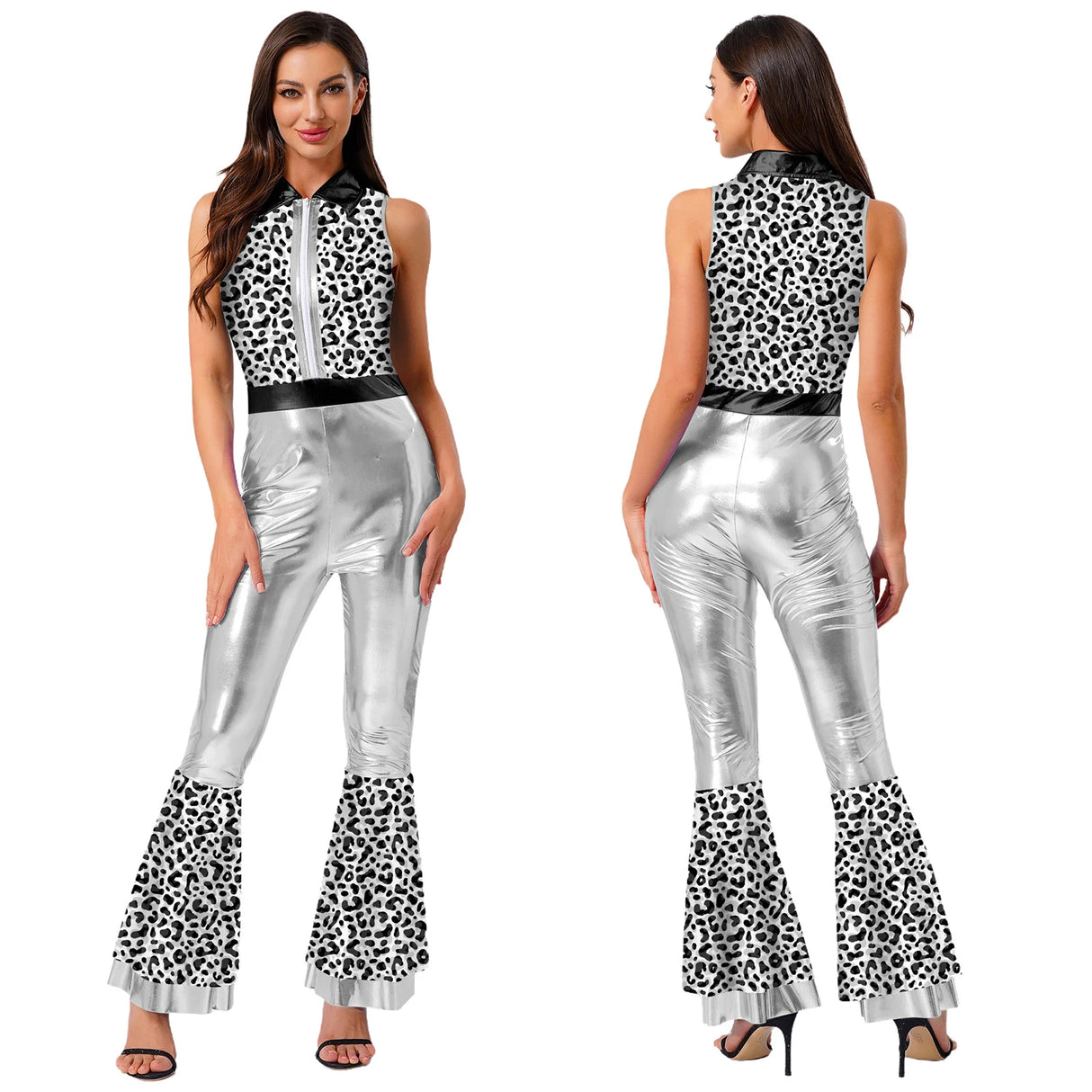 Womens Halloween Retro Hippie Cosplay Costume Party Hip-hop Dance Costume Metallic Shiny Vintage Carnival Bodysuit Jumpsuit