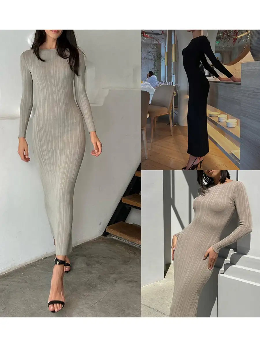 Autumn Winter Solid Color Bodycon Knit Dress Women Long Sleeve Crew Neck Ribbed Dress Slim Fit Long Dress - Lootquake